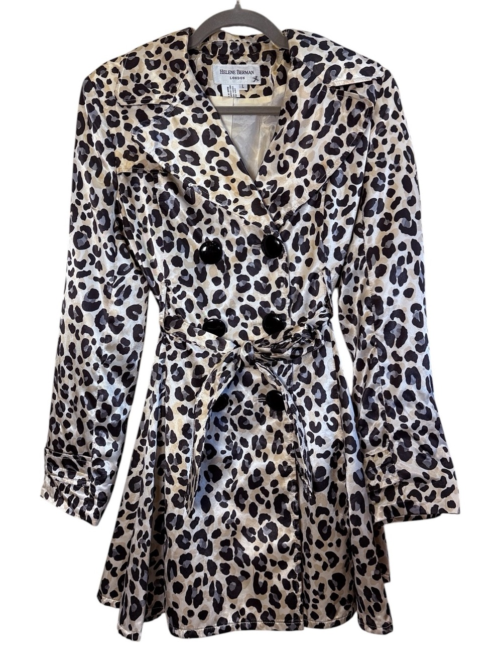 Helene Berman London Leopard Print Double Breasted Satin Belted Trench Coat Sz L